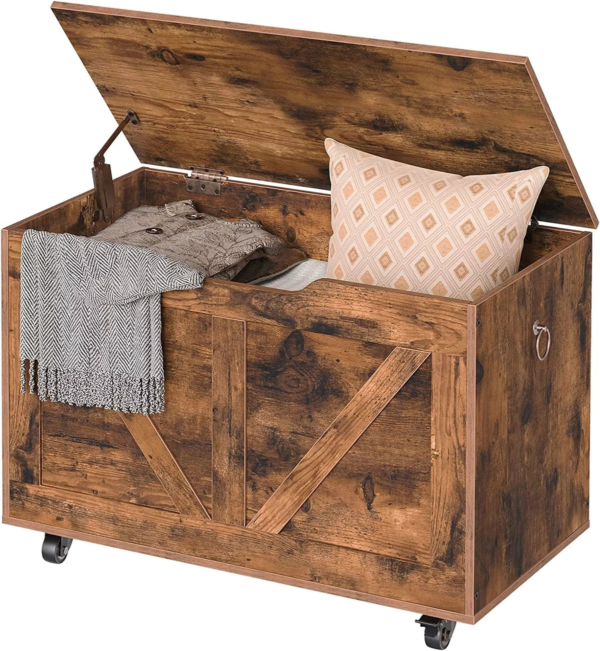WAGEE Storage Chest, Storage Trunk on Wheels, Sturdy Storage Bench Supports 220 lb, Wooden Entryway Bench, Shoe Bench, Movable, Safety Hinge, U-Shaped Opening, Easy Assembly, Rustic Brown FG74CW01