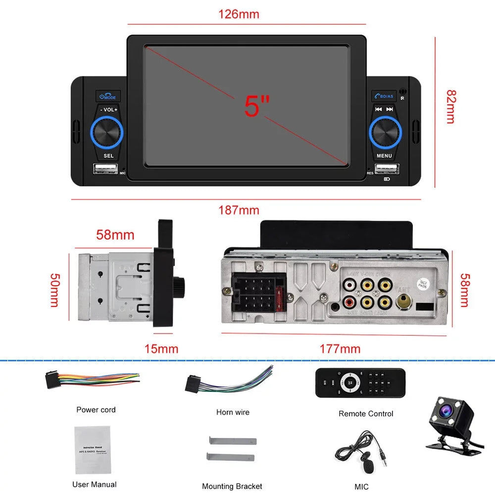 Podofo Single 1 Din 5'' Touch Monitor Car Stereo Radio with Carplay Android Auto Mirror Link HD Car MP5 Multimedia Player Bluetooth USB FM Audio Receiver USB, Backup Camera Included