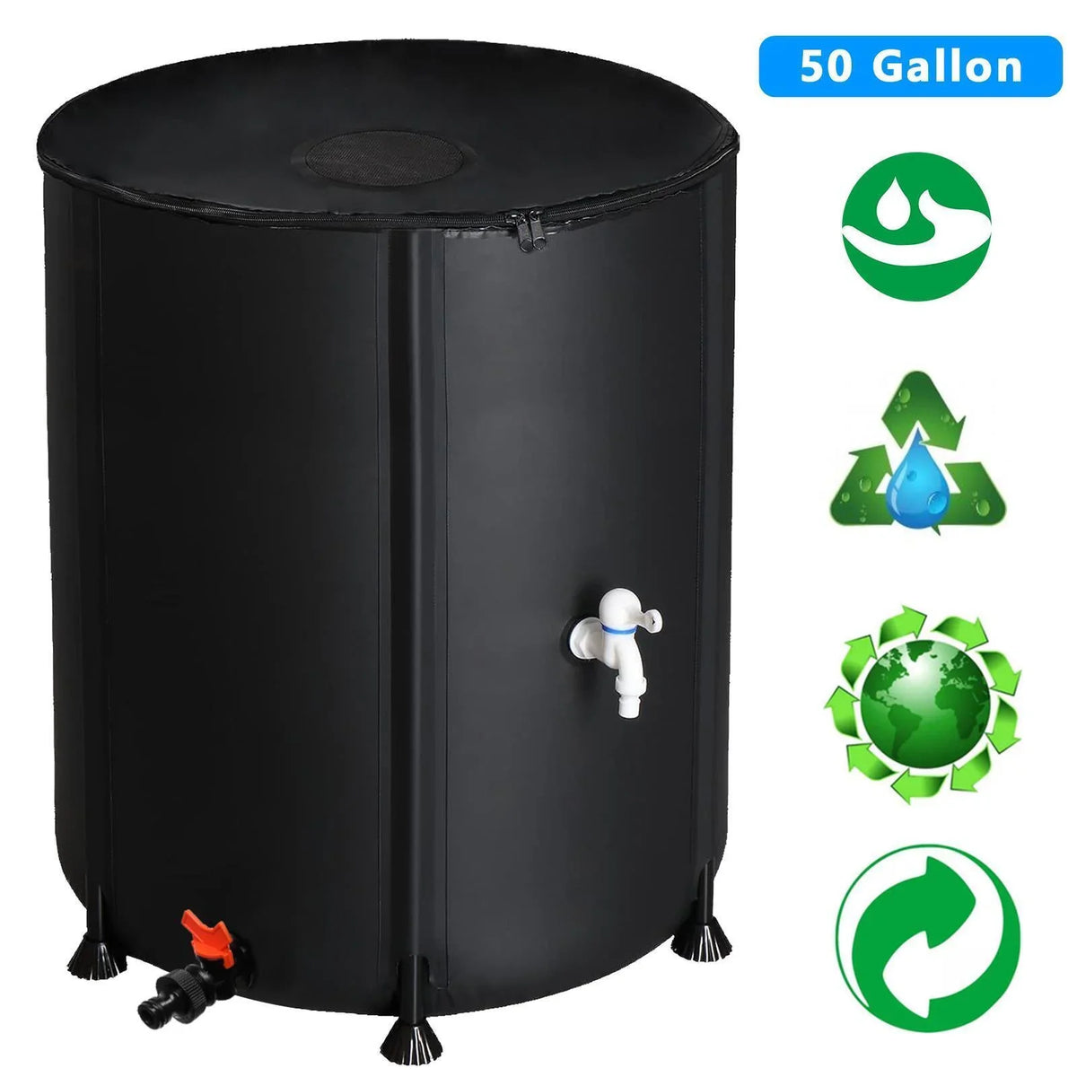 Portable Rain Barrel Liquid Collector Tank with Spigot Filter Black 50 Gallon
