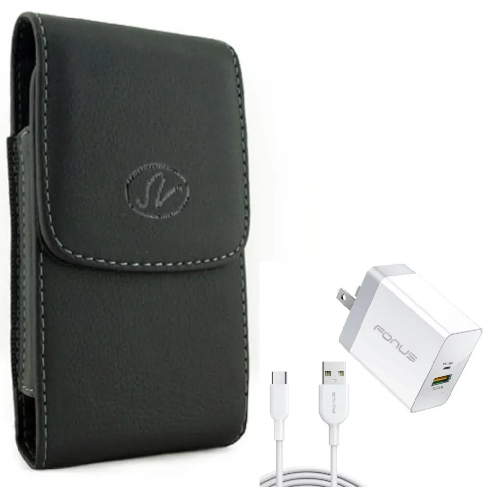 Holster Leather Case Belt Clip w 6ft Long Cable Fast Type-C 36W PD Home Charger for Stylo 4 Plus, Harmony 4 - Lively Jitterbug Smart3 - Motorola One Zoom, Moto Z4 Z3 Play Z2 Play