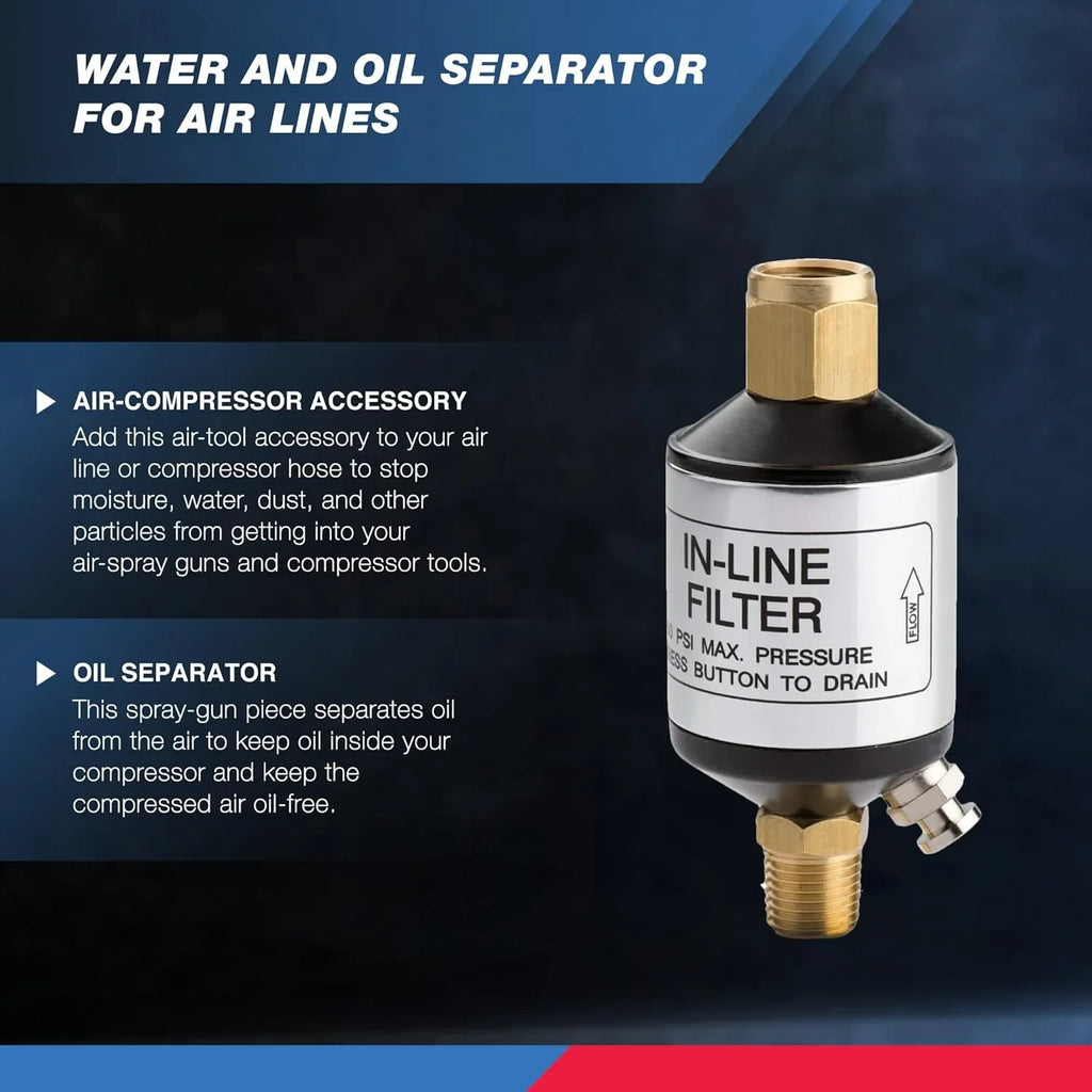 NEIKO 30253A Liquid and Oil Separator for Air Line | 1/4" NPT Inlet and Outlet | 150 PSI | Air Compressor and Air Tool Accessory | Protect Lifespan of Pneumatic Tools | Optimize Efficiency Black