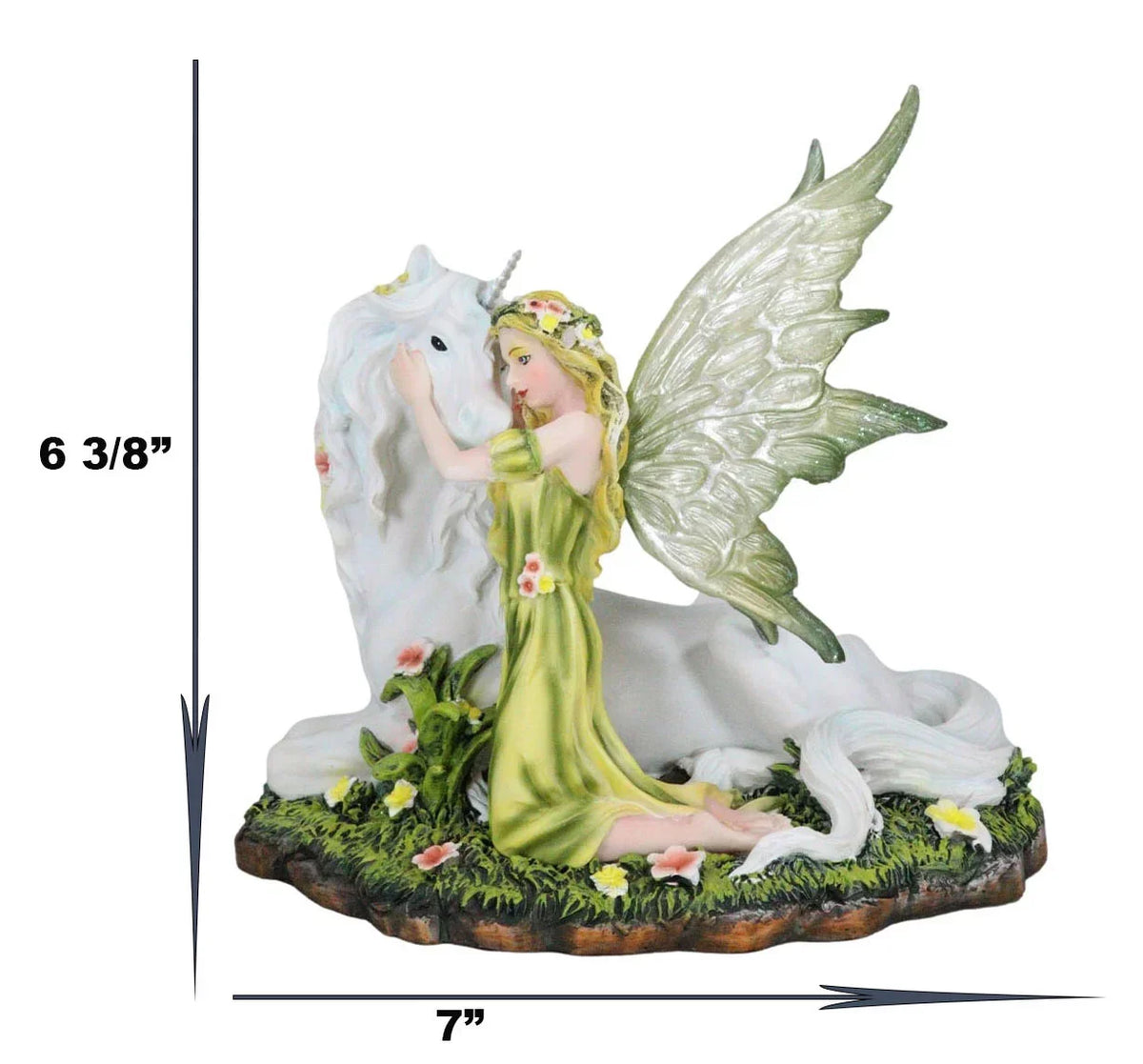 Green Earth Gaia Fairy With Rare Floral White Unicorn Statue Decor Figurine 7"L