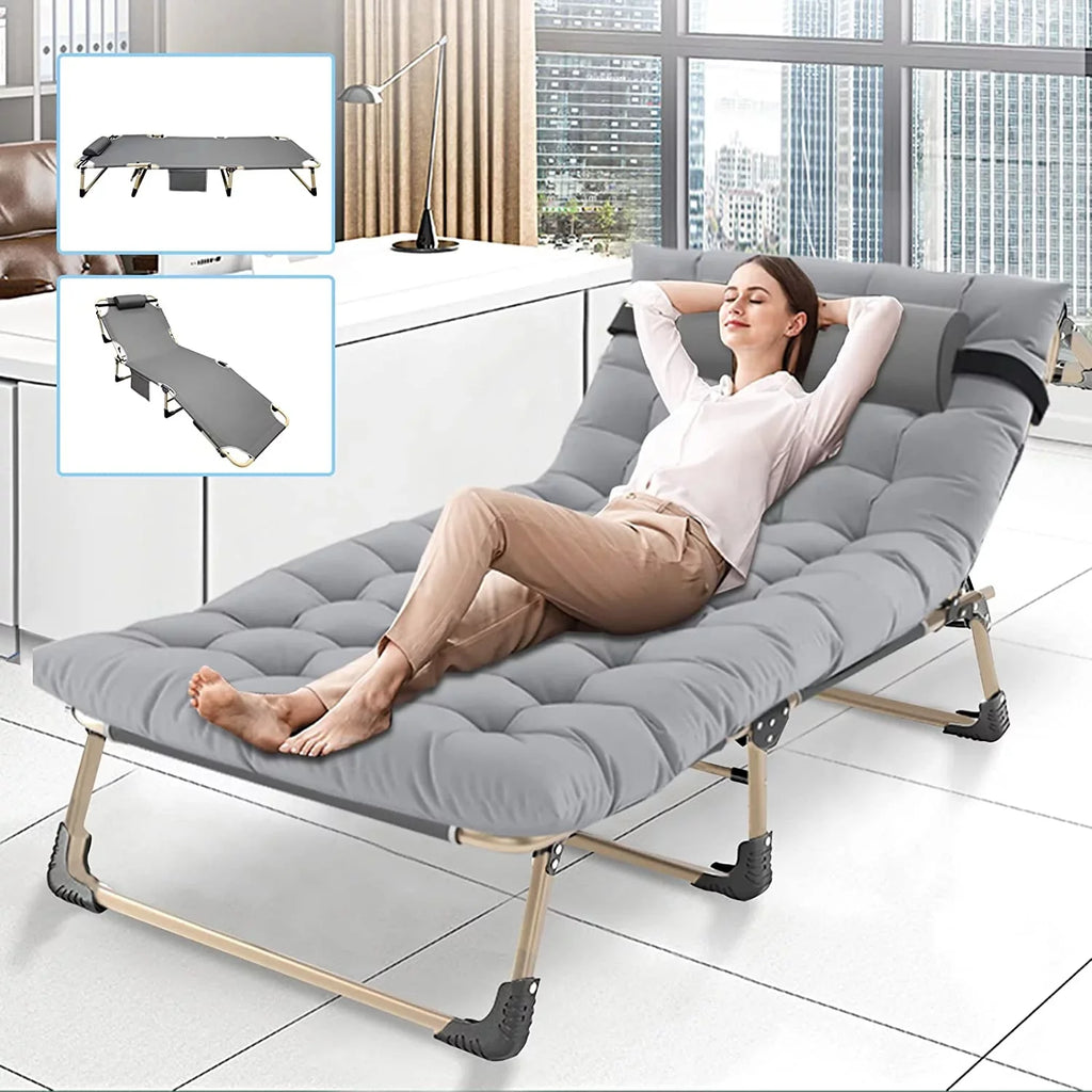 ABORON 4-Fold Portable Folding Chaise Lounge Chair,Camping Cot, with Pillow and Mattress, Adjustable Patio Recliner for Garden Beach Outdoor/Indoor
